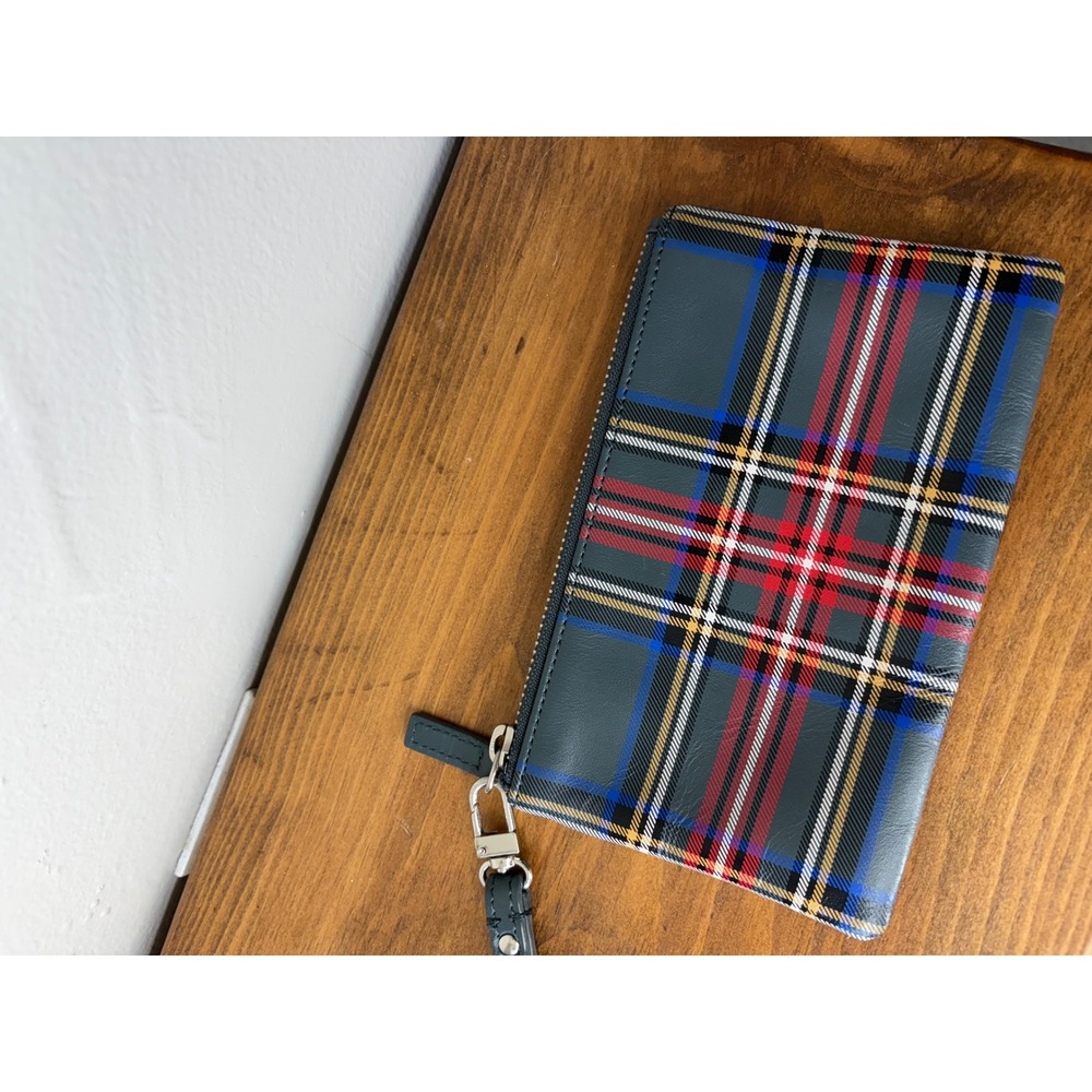 Brooks Brothers Red Fleece Plaid Leather Wristlet Pouch Grey Red Blue